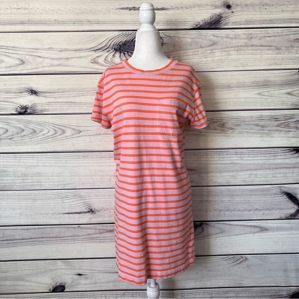 Gap Pink & Orange Striped Short Sleeve Pocket Cotton T-Shirt Dress